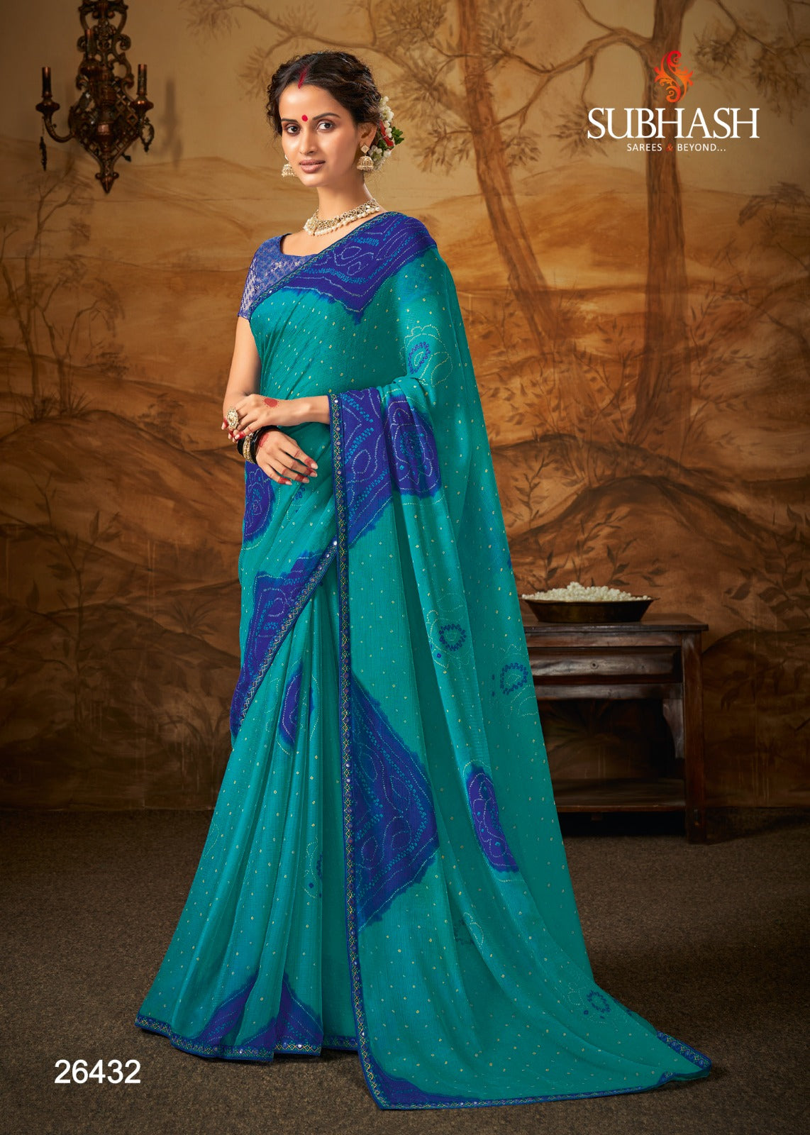 Designer light weight beautiful chiffon jaipuri bandhani saree with matching unstitched blouse piece