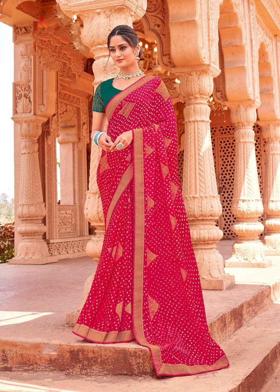 Designer Jaipuri light weight beautiful bandhani saree with contrast unstitched blouse piece