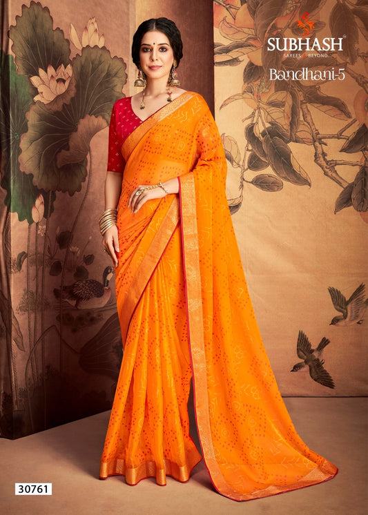 Designer chiffon light weight beautiful jaipuri bandhani saree with contrast unstitched blouse piece