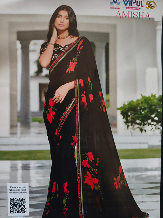 Designer light weight beautiful chiffon saree with matching unstitched blouse piece