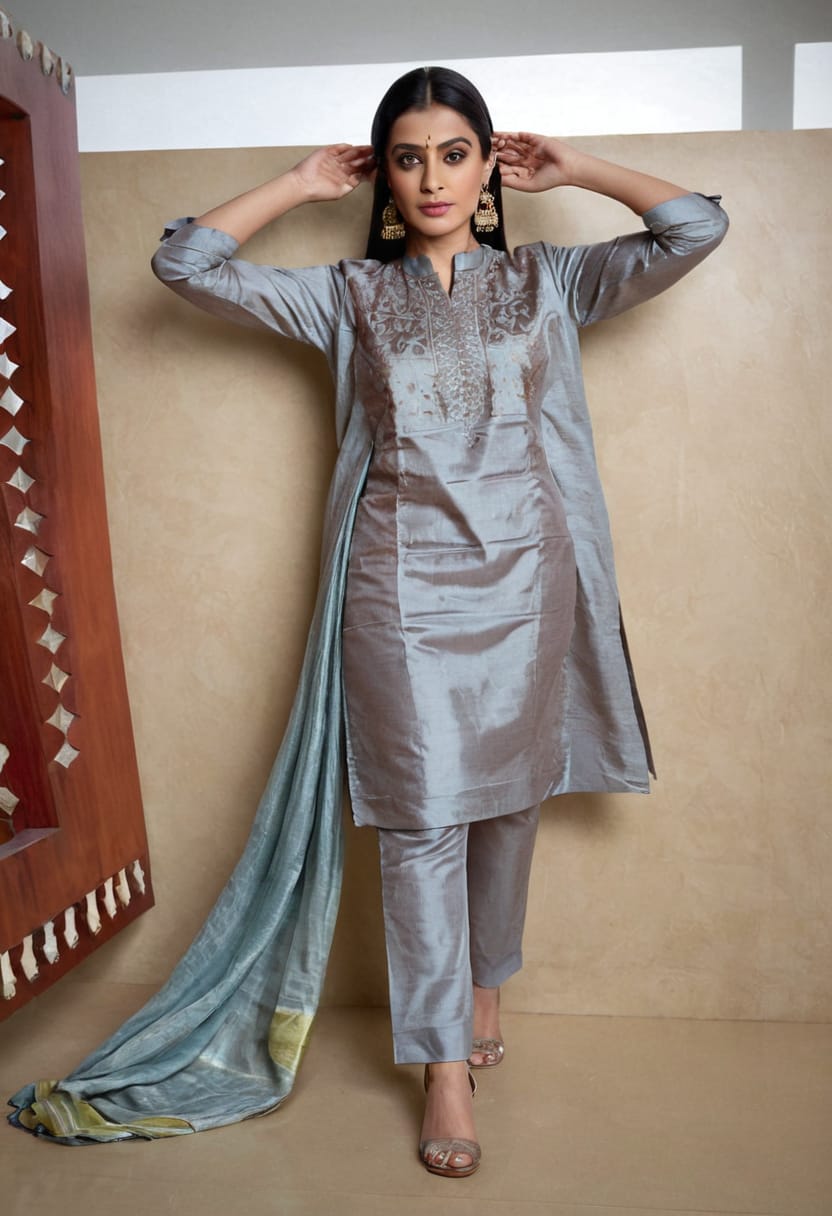 Designer silk suit 3 piece straight kurti pant with dupatta