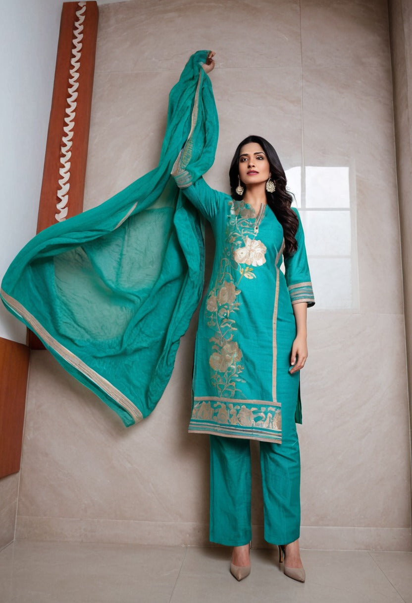 Designer premium unstitched silk fabric for 3 piece suit kurti pant with chiffon dupatta