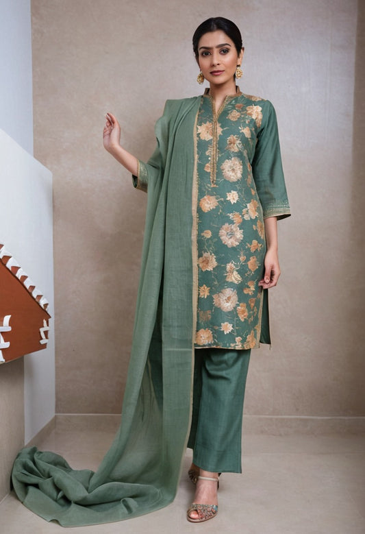 Designer premium silk unstitched fabric for 3 piece suit kurti pant with chiffon dupatta