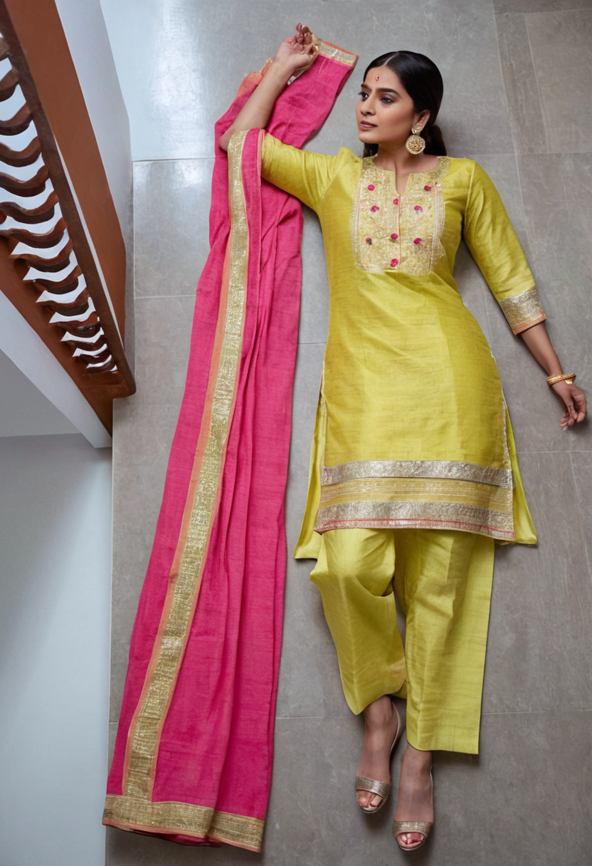 Designer premium silk unstitched fabric for 3 piece suit, kurti pant and chiffon dupatta