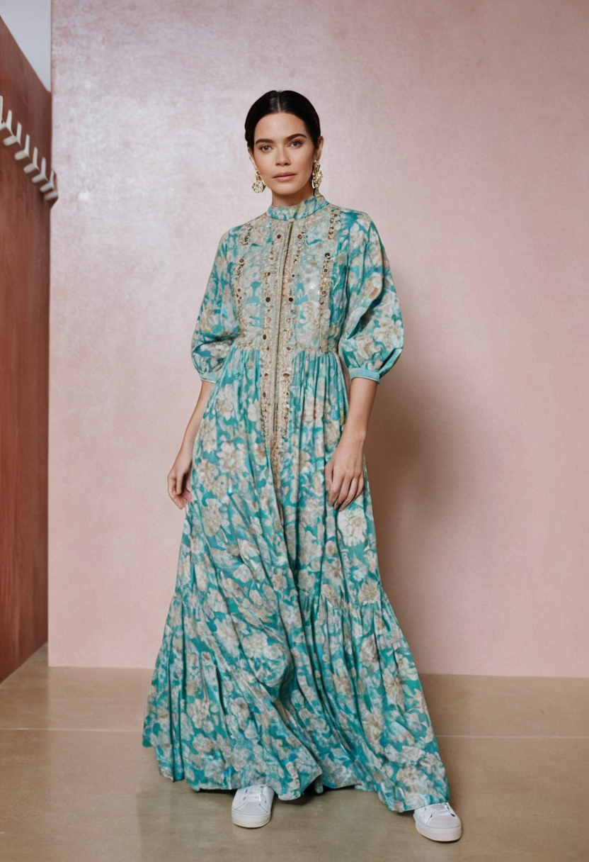 Designer elbow sleeves full length gown with collar