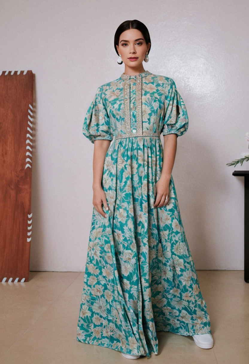 Designer elbow sleeves full length gown with collar