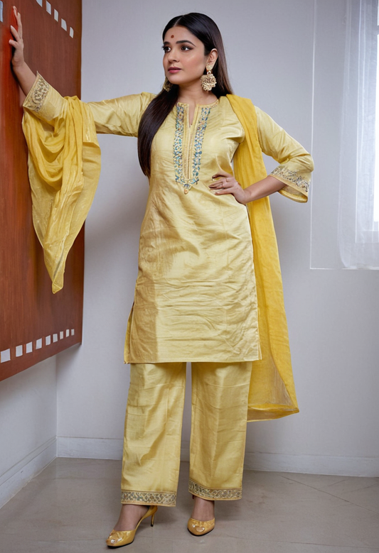 Designer silk suit 3 piece straight kurti pant with dupatta