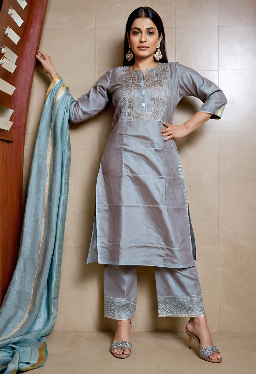 Designer silk suit 3 piece straight kurti pant with dupatta